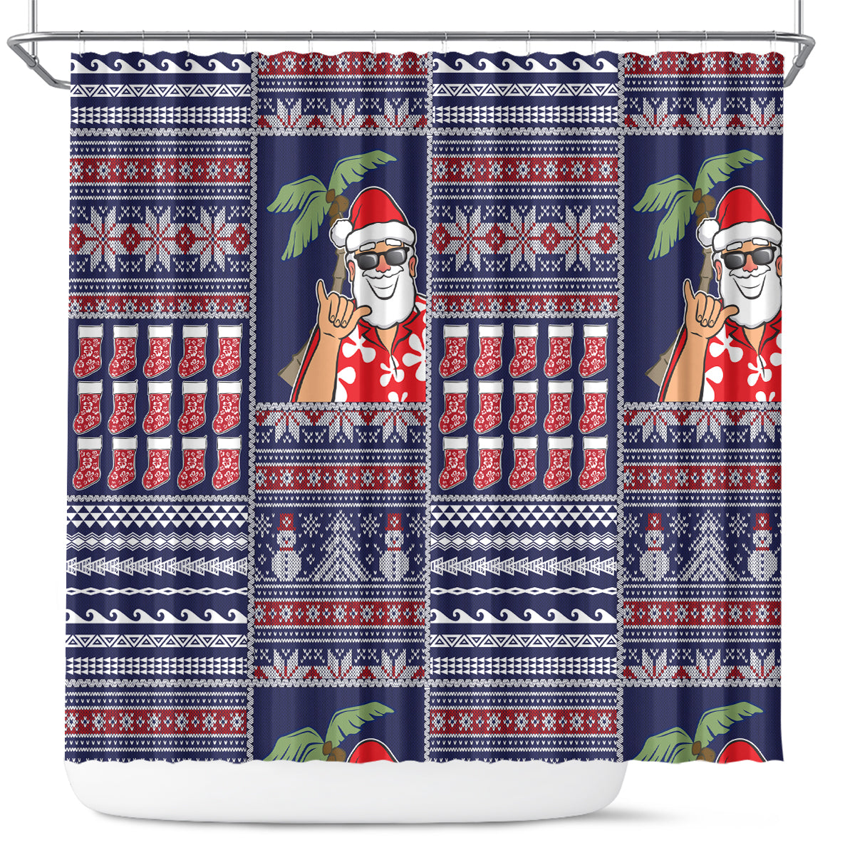 Hawaii Mele Kalikimaka Shower Curtain Aloha and Christmas Elements Patchwork Blue Style LT03 Blue - Polynesian Pride