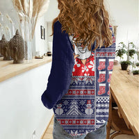 Hawaii Mele Kalikimaka Women Casual Shirt Aloha and Christmas Elements Patchwork Blue Style LT03 - Polynesian Pride
