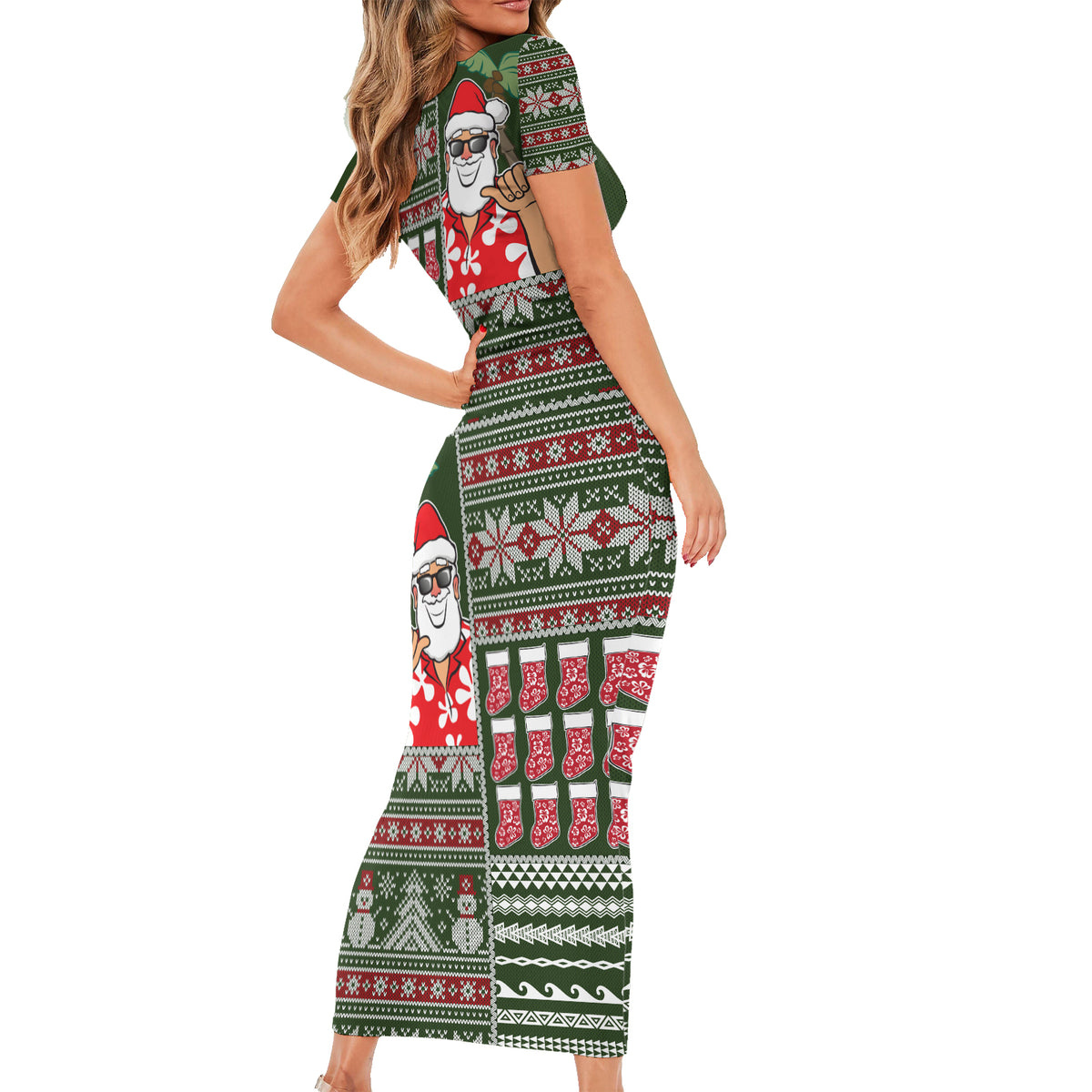 Hawaii Mele Kalikimaka Short Sleeve Bodycon Dress Aloha and Christmas Elements Patchwork Green Style LT03 - Polynesian Pride
