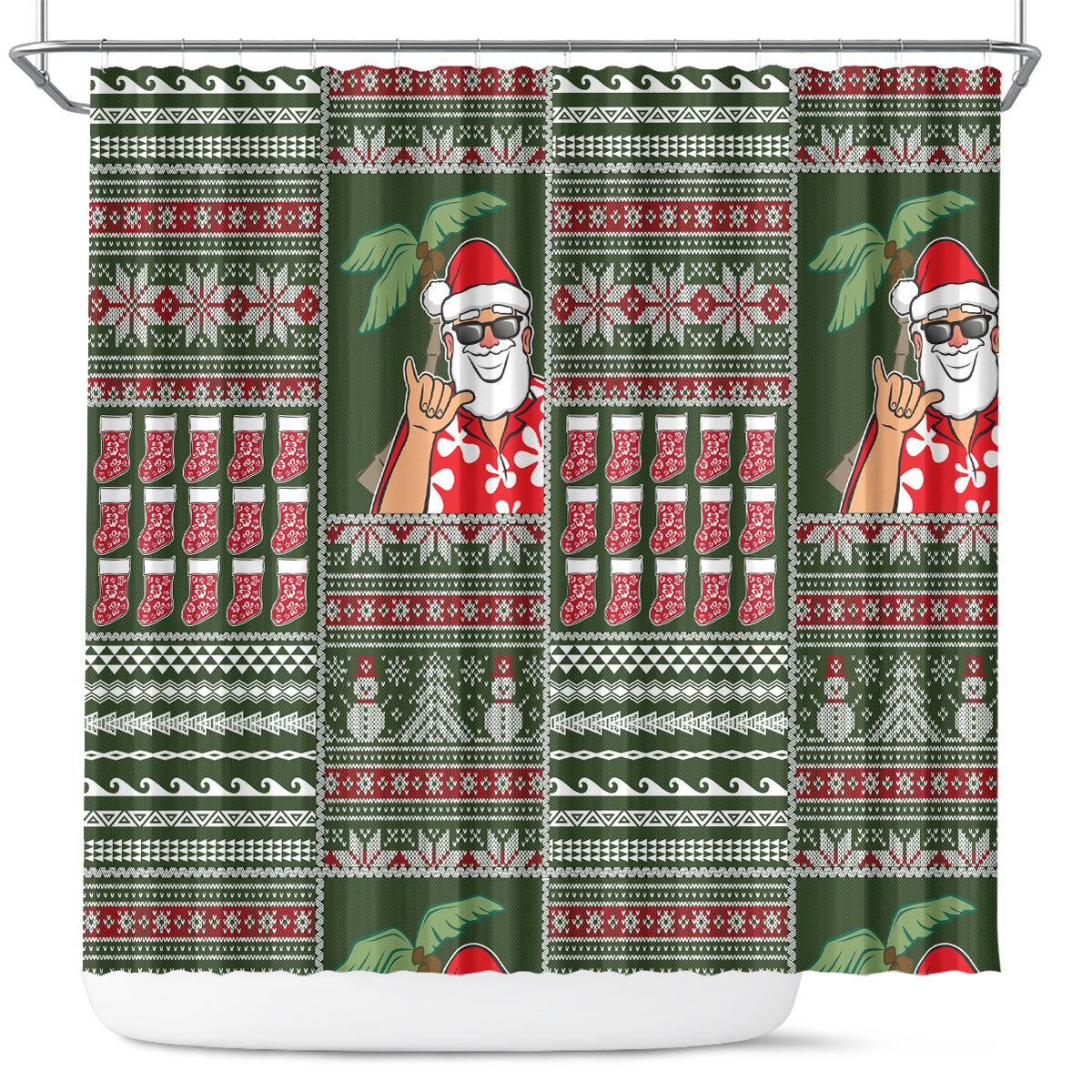 Hawaii Mele Kalikimaka Shower Curtain Aloha and Christmas Elements Patchwork Green Style LT03 Green - Polynesian Pride