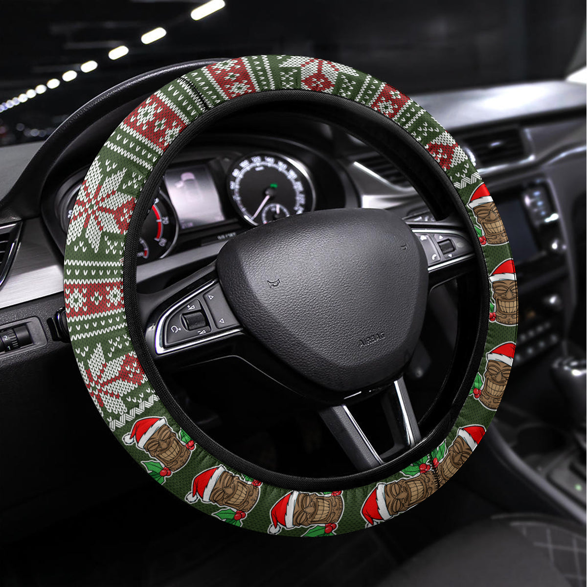Hawaii Mele Kalikimaka Steering Wheel Cover Aloha and Christmas Elements Patchwork Green Style LT03 Universal Fit Green - Polynesian Pride
