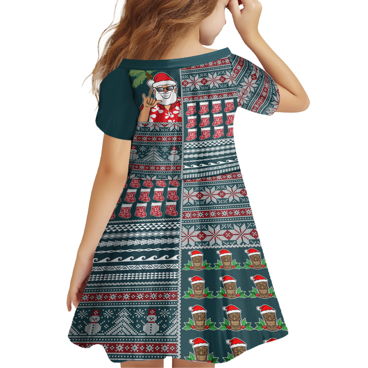 Hawaii Mele Kalikimaka Kid Short Sleeve Dress Aloha and Christmas Elements Patchwork Turquoise Style LT03 - Polynesian Pride