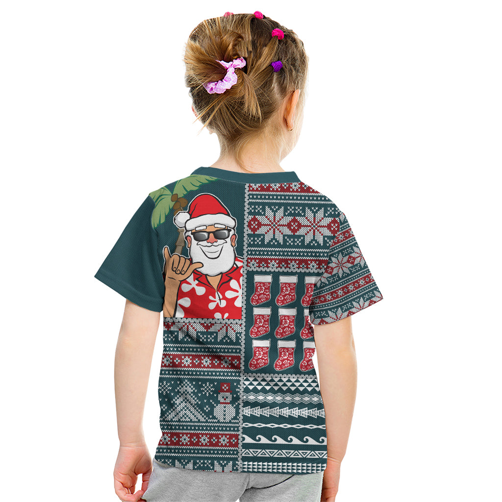Hawaii Mele Kalikimaka Kid T Shirt Aloha and Christmas Elements Patchwork Turquoise Style LT03 - Polynesian Pride