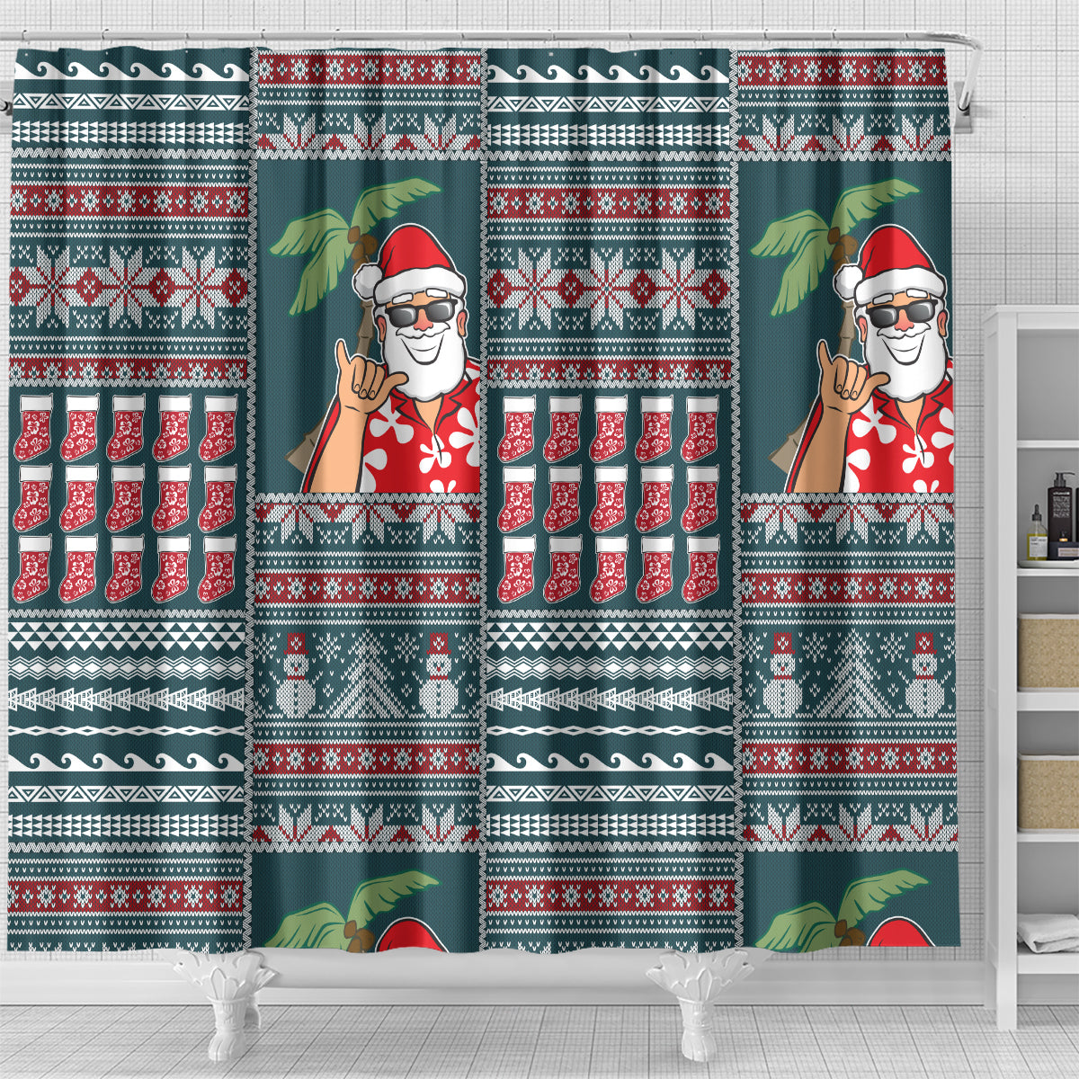 Hawaii Mele Kalikimaka Shower Curtain Aloha and Christmas Elements Patchwork Turquoise Style LT03 - Polynesian Pride