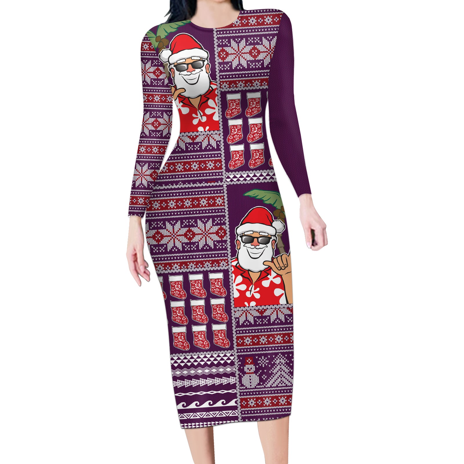 Hawaii Mele Kalikimaka Long Sleeve Bodycon Dress Aloha and Christmas Elements Patchwork Pink Style LT03 Long Dress Pink - Polynesian Pride