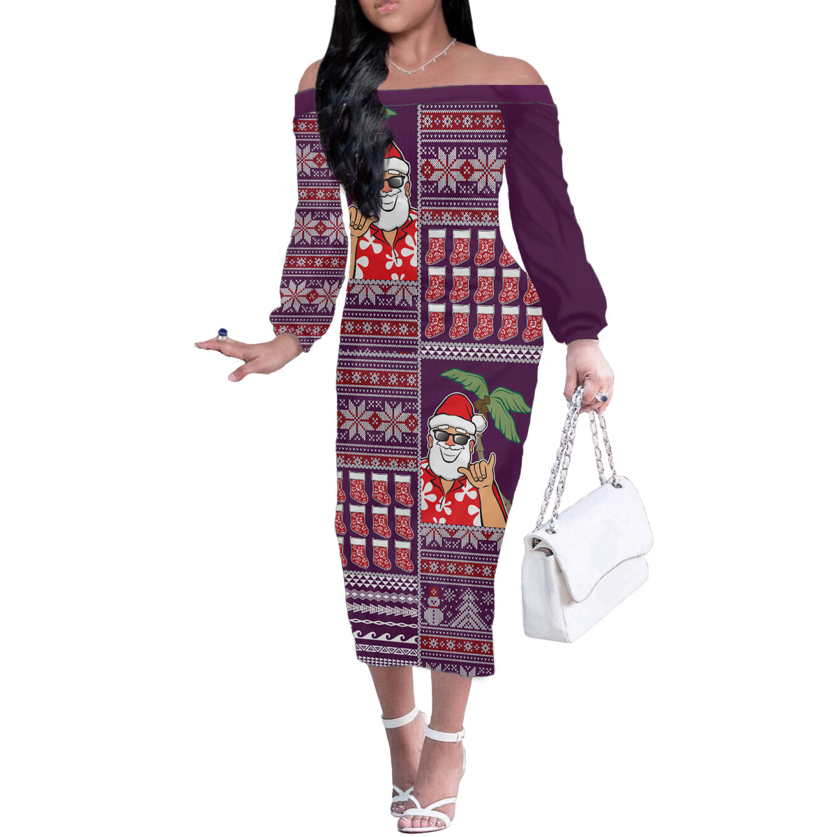Hawaii Mele Kalikimaka Off The Shoulder Long Sleeve Dress Aloha and Christmas Elements Patchwork Pink Style LT03 Women Pink - Polynesian Pride