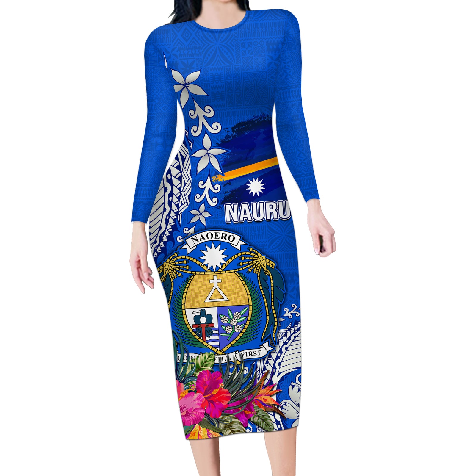 Personalised Nauru Coat of Arms Long Sleeve Bodycon Dress Tropical Flower Polynesian Pattern LT03 Long Dress Blue - Polynesian Pride