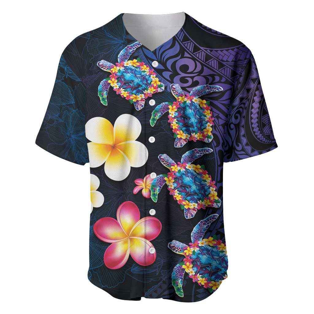Hawaiian Turtles and Plumeria Baseball Jersey Polynesian Art Tribal Tattoo Dark Aqua Color LT03 Blue - Polynesian Pride