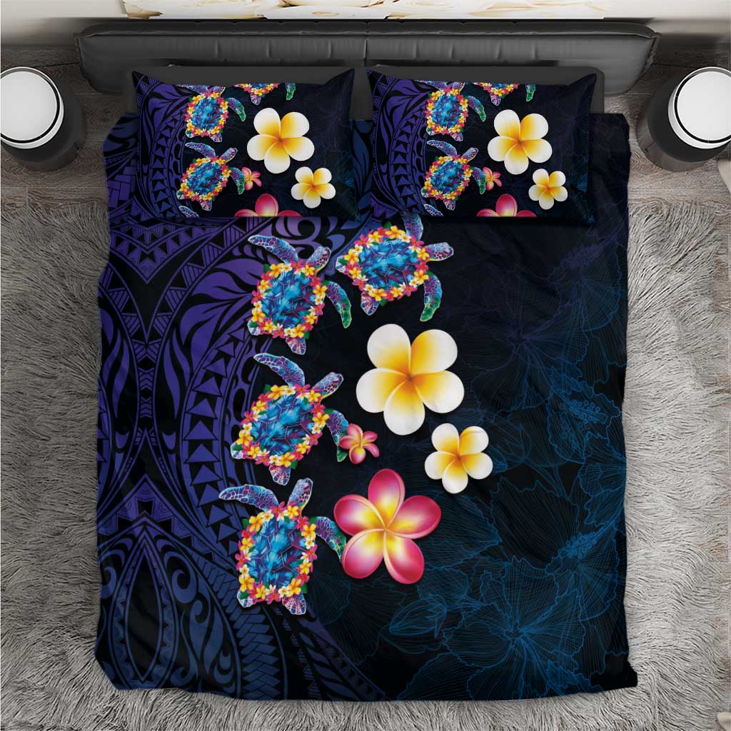 Hawaiian Turtles and Plumeria Bedding Set Polynesian Art Tribal Tattoo Dark Aqua Color LT03 Blue - Polynesian Pride