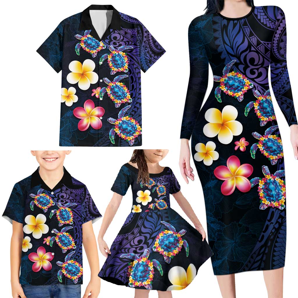 Hawaiian Turtles and Plumeria Family Matching Long Sleeve Bodycon Dress and Hawaiian Shirt Polynesian Art Tribal Tattoo Dark Aqua Color