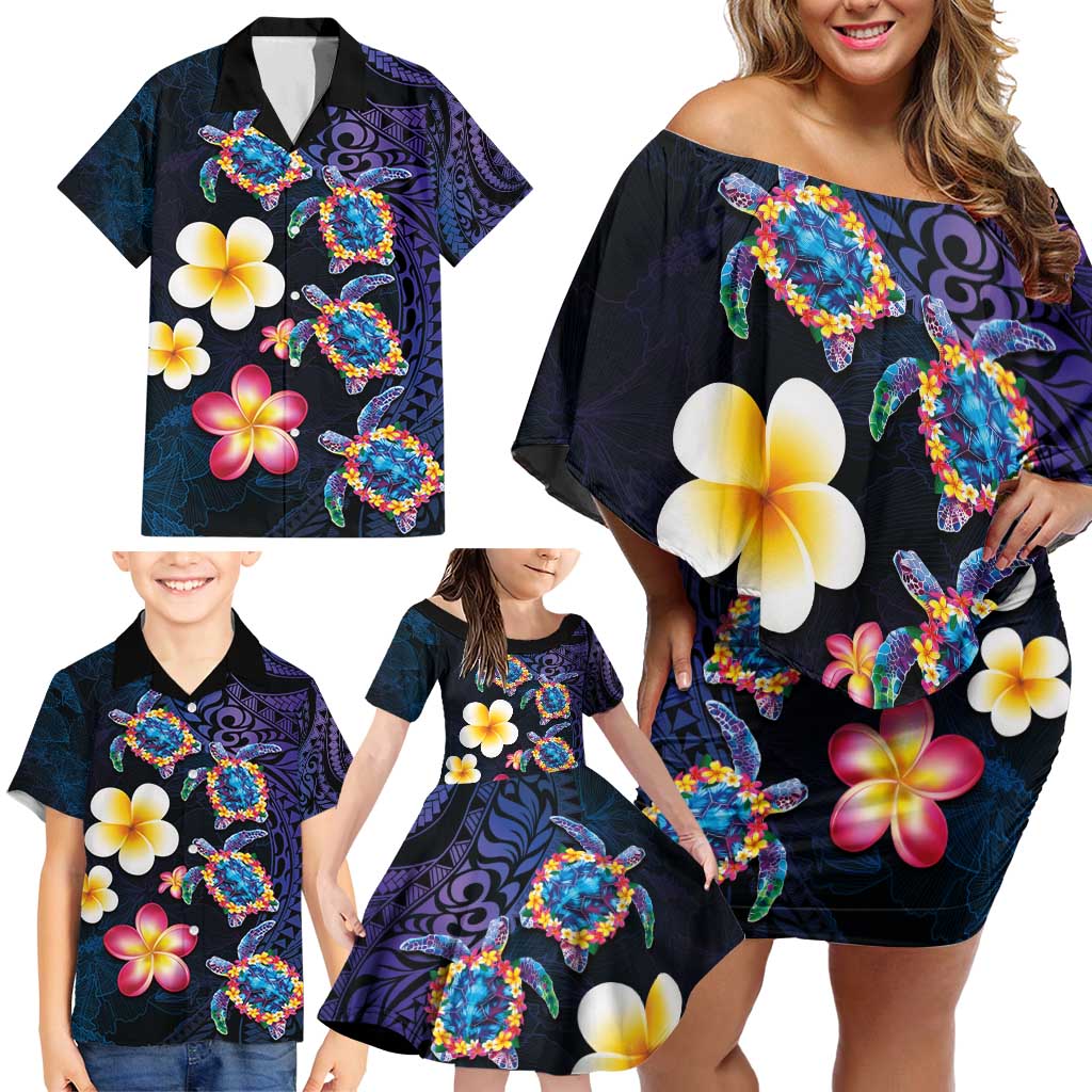 Hawaiian Turtles and Plumeria Family Matching Off Shoulder Short Dress and Hawaiian Shirt Polynesian Art Tribal Tattoo Dark Aqua Color