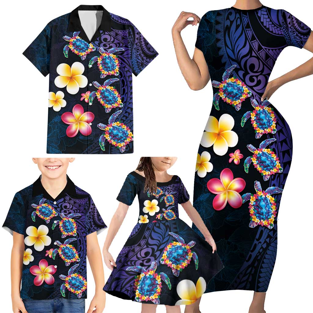 Hawaiian Turtles and Plumeria Family Matching Short Sleeve Bodycon Dress and Hawaiian Shirt Polynesian Art Tribal Tattoo Dark Aqua Color