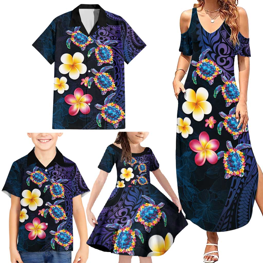 Hawaiian Turtles and Plumeria Family Matching Summer Maxi Dress and Hawaiian Shirt Polynesian Art Tribal Tattoo Dark Aqua Color