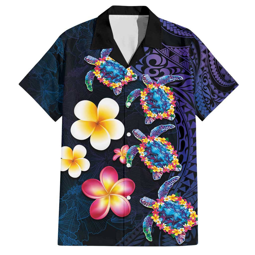 Hawaiian Turtles and Plumeria Hawaiian Shirt Polynesian Art Tribal Tattoo Dark Aqua Color LT03 Blue - Polynesian Pride