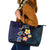 Hawaiian Turtles and Plumeria Leather Tote Bag Polynesian Art Tribal Tattoo Dark Aqua Color