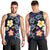 Hawaiian Turtles and Plumeria Men Tank Top Polynesian Art Tribal Tattoo Dark Aqua Color