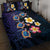 Hawaiian Turtles and Plumeria Quilt Bed Set Polynesian Art Tribal Tattoo Dark Aqua Color