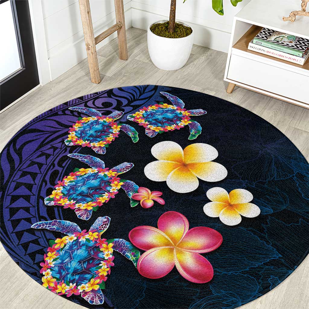Hawaiian Turtles and Plumeria Round Carpet Polynesian Art Tribal Tattoo Dark Aqua Color LT03 Blue - Polynesian Pride