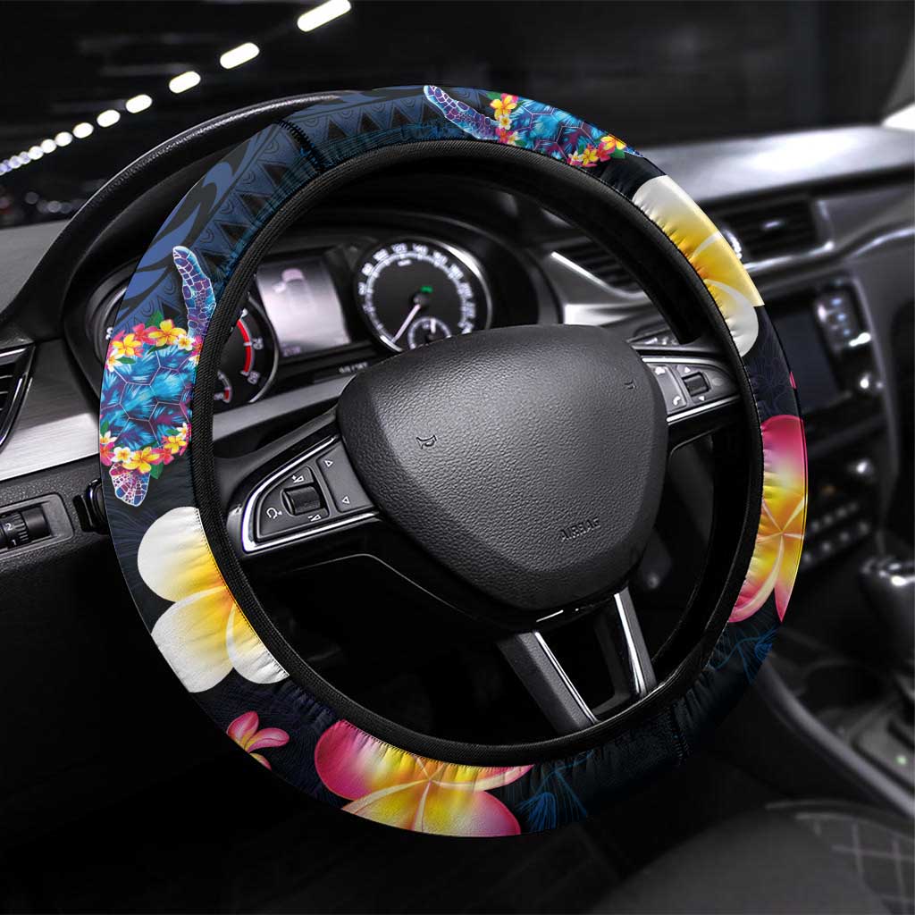 Hawaiian Turtles and Plumeria Steering Wheel Cover Polynesian Art Tribal Tattoo Dark Aqua Color