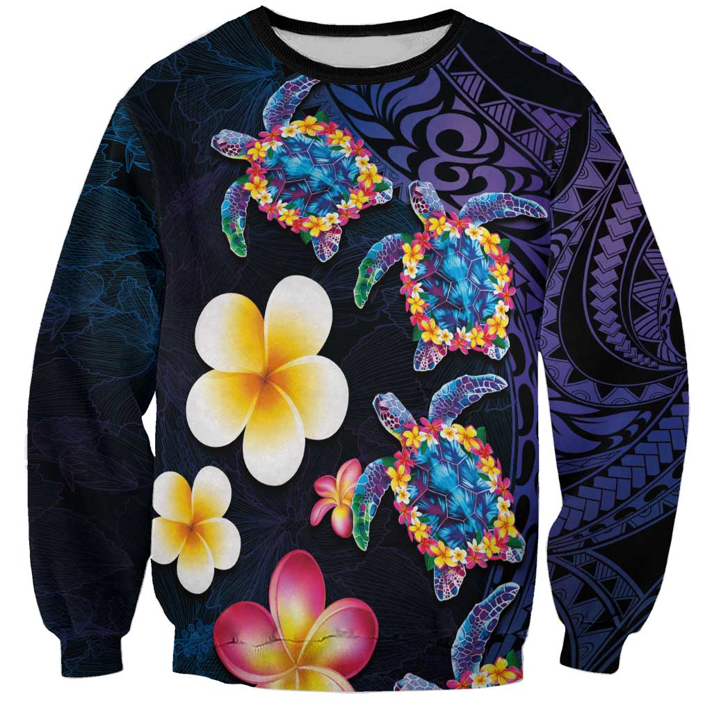 Hawaiian Turtles and Plumeria Sweatshirt Polynesian Art Tribal Tattoo Dark Aqua Color LT03 Unisex Blue - Polynesian Pride