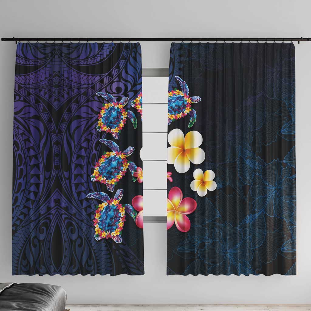 Hawaiian Turtles and Plumeria Window Curtain Polynesian Art Tribal Tattoo Dark Aqua Color LT03 With Hooks Blue - Polynesian Pride