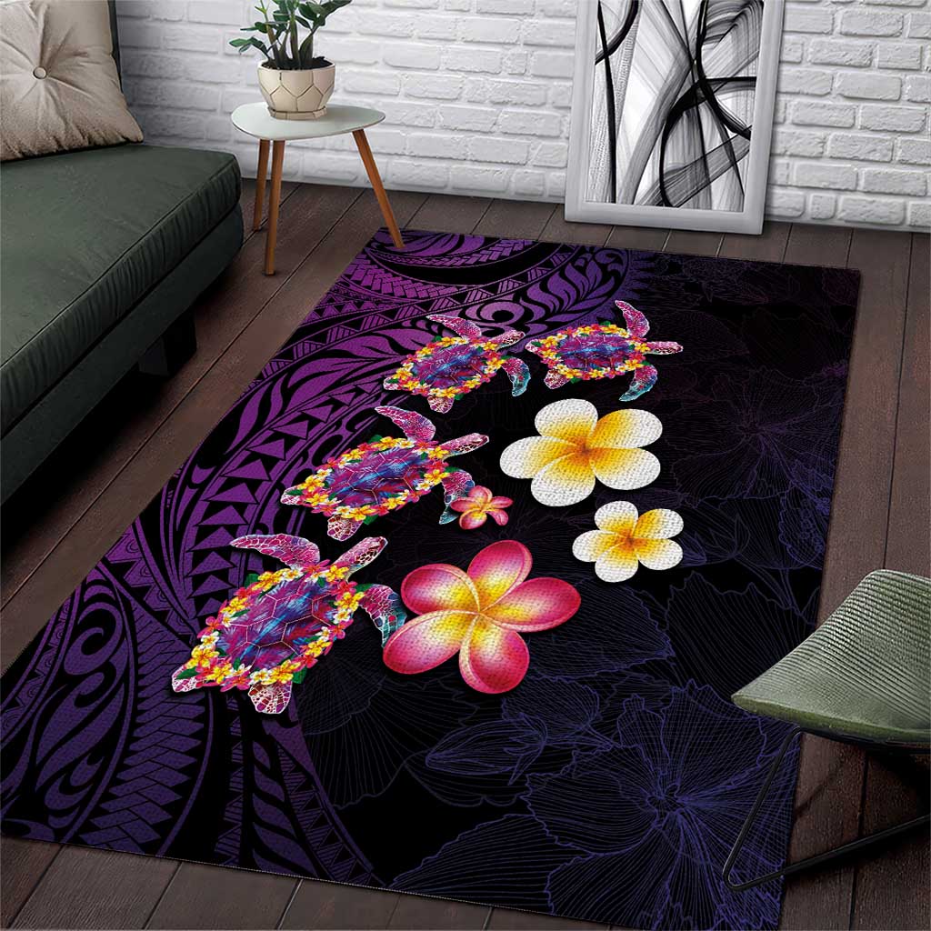 Hawaiian Turtles and Plumeria Area Rug Polynesian Art Tribal Tattoo Deep Violet Color LT03 Purple - Polynesian Pride