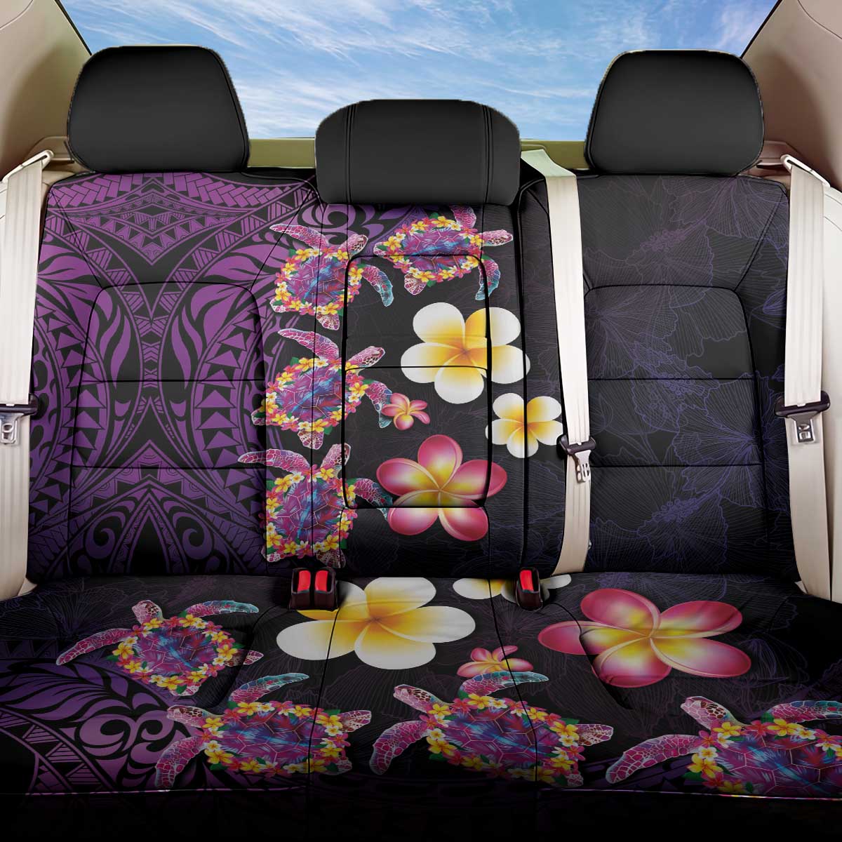 Hawaiian Turtles and Plumeria Back Car Seat Cover Polynesian Art Tribal Tattoo Deep Violet Color LT03 One Size Purple - Polynesian Pride