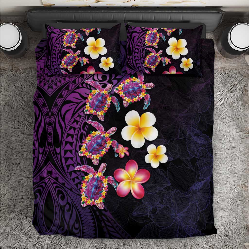 Hawaiian Turtles and Plumeria Bedding Set Polynesian Art Tribal Tattoo Deep Violet Color LT03 Purple - Polynesian Pride