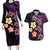 Hawaiian Turtles and Plumeria Couples Matching Long Sleeve Bodycon Dress and Hawaiian Shirt Polynesian Art Tribal Tattoo Deep Violet Color