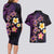 Hawaiian Turtles and Plumeria Couples Matching Long Sleeve Bodycon Dress and Hawaiian Shirt Polynesian Art Tribal Tattoo Deep Violet Color