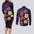 Hawaiian Turtles and Plumeria Couples Matching Long Sleeve Bodycon Dress and Long Sleeve Button Shirt Polynesian Art Tribal Tattoo Deep Violet Color