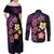 Hawaiian Turtles and Plumeria Couples Matching Off Shoulder Maxi Dress and Long Sleeve Button Shirt Polynesian Art Tribal Tattoo Deep Violet Color