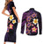 Hawaiian Turtles and Plumeria Couples Matching Short Sleeve Bodycon Dress and Long Sleeve Button Shirt Polynesian Art Tribal Tattoo Deep Violet Color