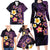 Hawaiian Turtles and Plumeria Family Matching Long Sleeve Bodycon Dress and Hawaiian Shirt Polynesian Art Tribal Tattoo Deep Violet Color