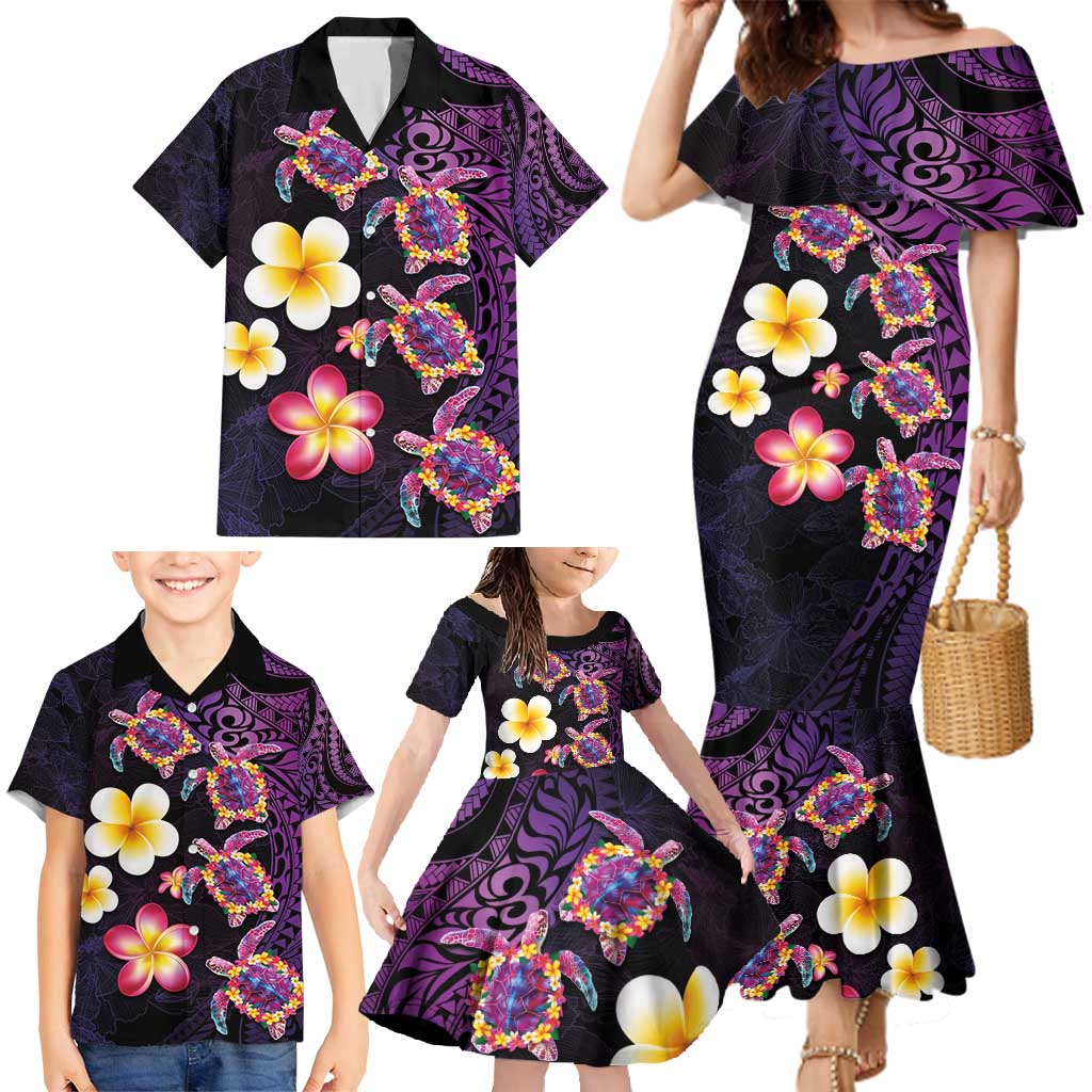 Hawaiian Turtles and Plumeria Family Matching Mermaid Dress and Hawaiian Shirt Polynesian Art Tribal Tattoo Deep Violet Color