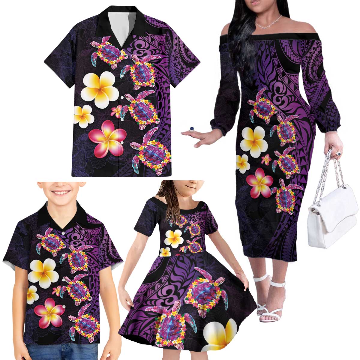 Hawaiian Turtles and Plumeria Family Matching Off The Shoulder Long Sleeve Dress and Hawaiian Shirt Polynesian Art Tribal Tattoo Deep Violet Color