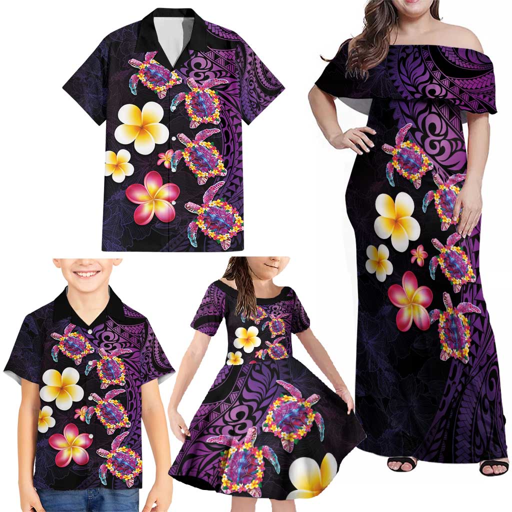 Hawaiian Turtles and Plumeria Family Matching Off Shoulder Maxi Dress and Hawaiian Shirt Polynesian Art Tribal Tattoo Deep Violet Color