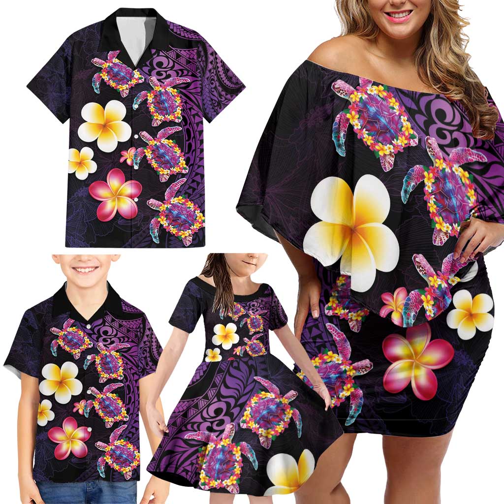 Hawaiian Turtles and Plumeria Family Matching Off Shoulder Short Dress and Hawaiian Shirt Polynesian Art Tribal Tattoo Deep Violet Color