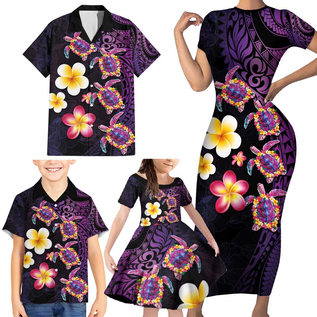 Hawaiian Turtles and Plumeria Family Matching Short Sleeve Bodycon Dress and Hawaiian Shirt Polynesian Art Tribal Tattoo Deep Violet Color