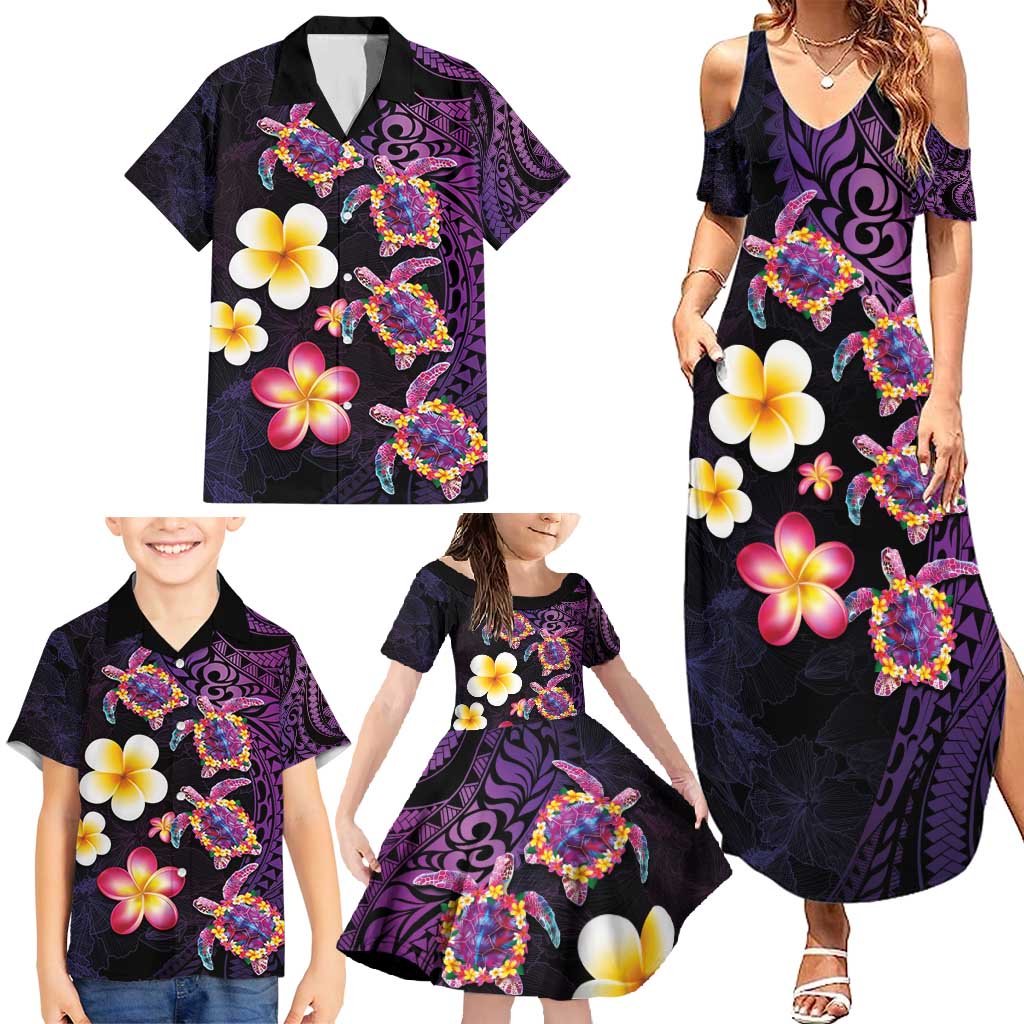 Hawaiian Turtles and Plumeria Family Matching Summer Maxi Dress and Hawaiian Shirt Polynesian Art Tribal Tattoo Deep Violet Color