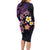 Hawaiian Turtles and Plumeria Long Sleeve Bodycon Dress Polynesian Art Tribal Tattoo Deep Violet Color