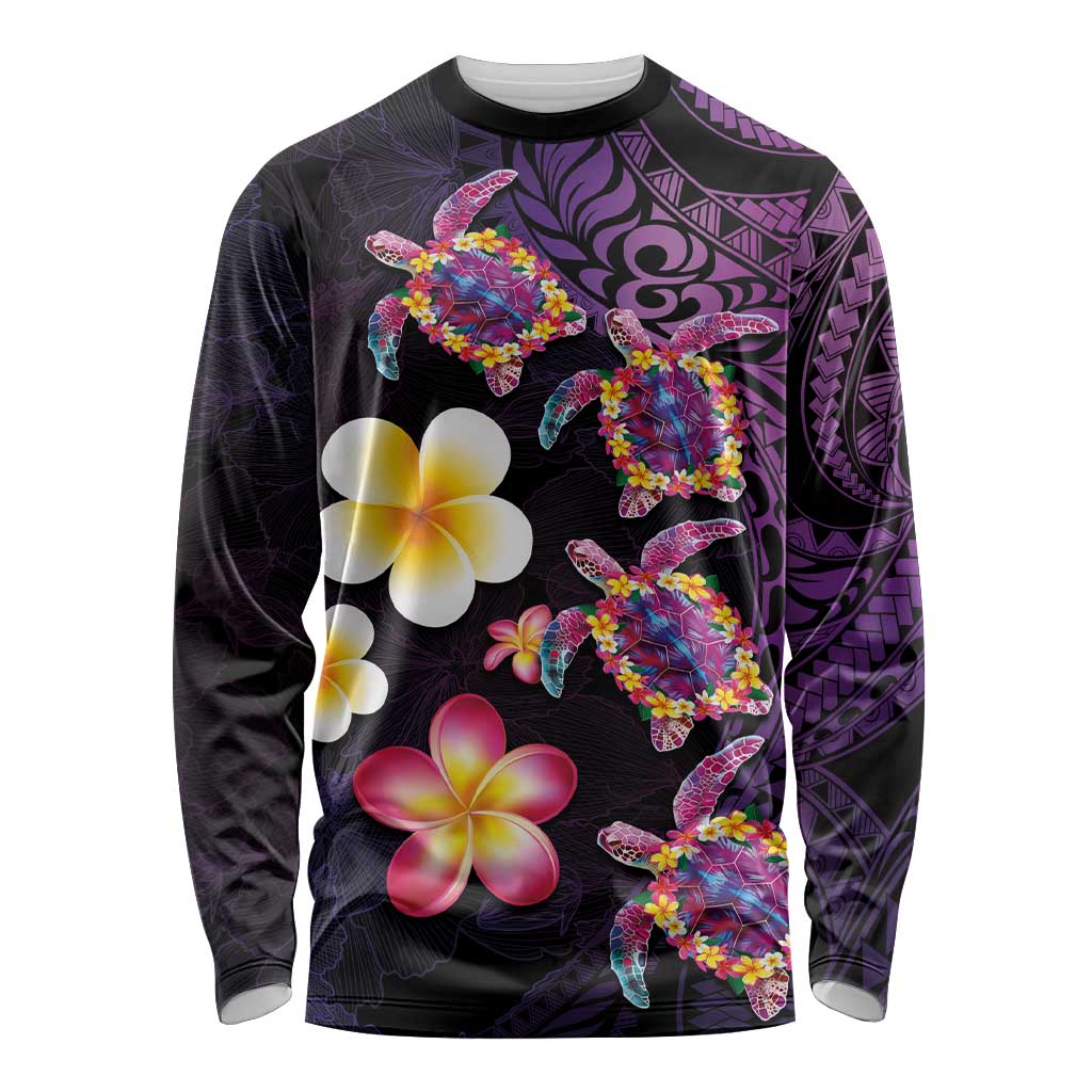 Hawaiian Turtles and Plumeria Long Sleeve Shirt Polynesian Art Tribal Tattoo Deep Violet Color LT03 Unisex Purple - Polynesian Pride