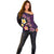 Hawaiian Turtles and Plumeria Off Shoulder Sweater Polynesian Art Tribal Tattoo Deep Violet Color