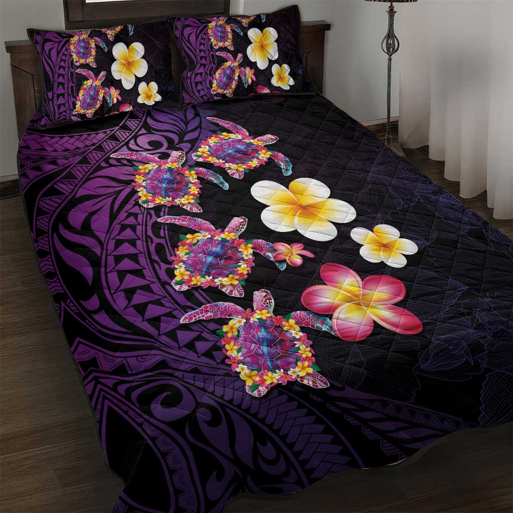 Hawaiian Turtles and Plumeria Quilt Bed Set Polynesian Art Tribal Tattoo Deep Violet Color LT03 Purple - Polynesian Pride
