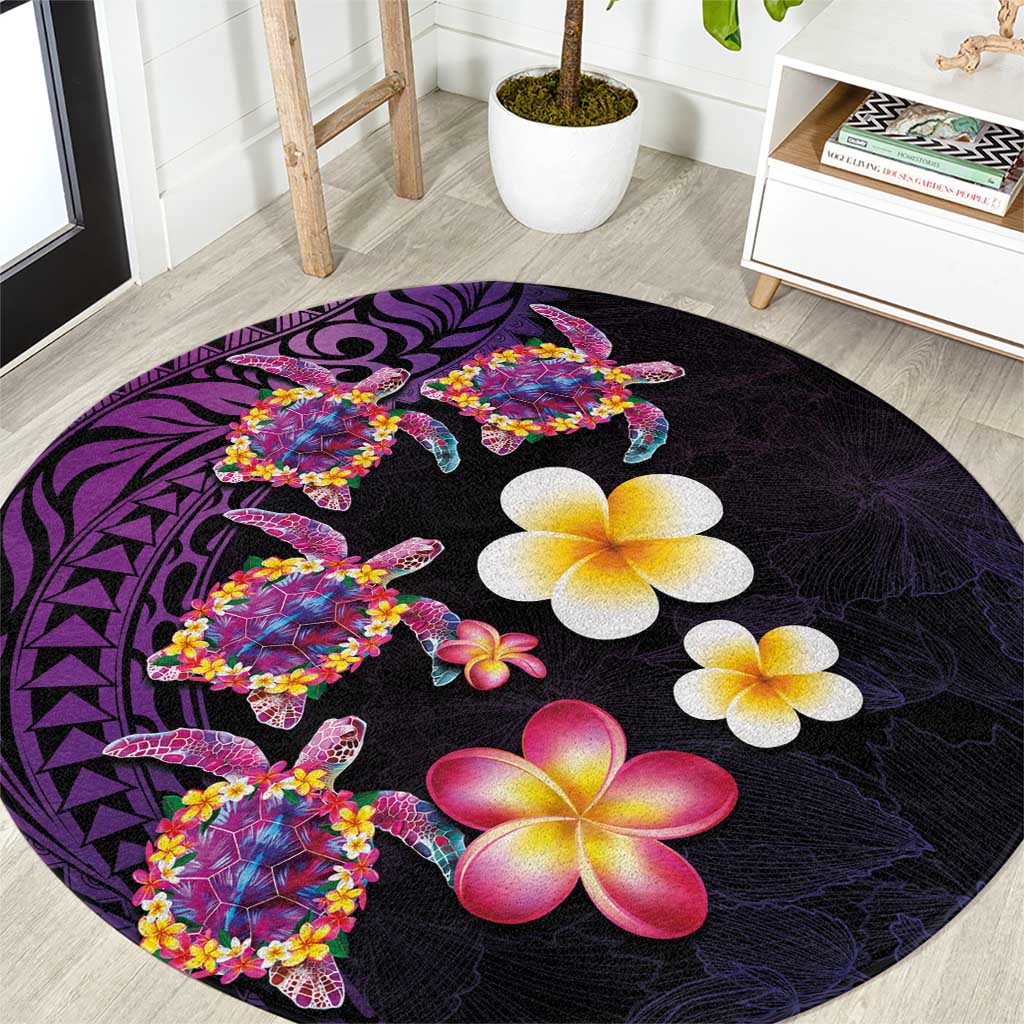 Hawaiian Turtles and Plumeria Round Carpet Polynesian Art Tribal Tattoo Deep Violet Color LT03 Purple - Polynesian Pride