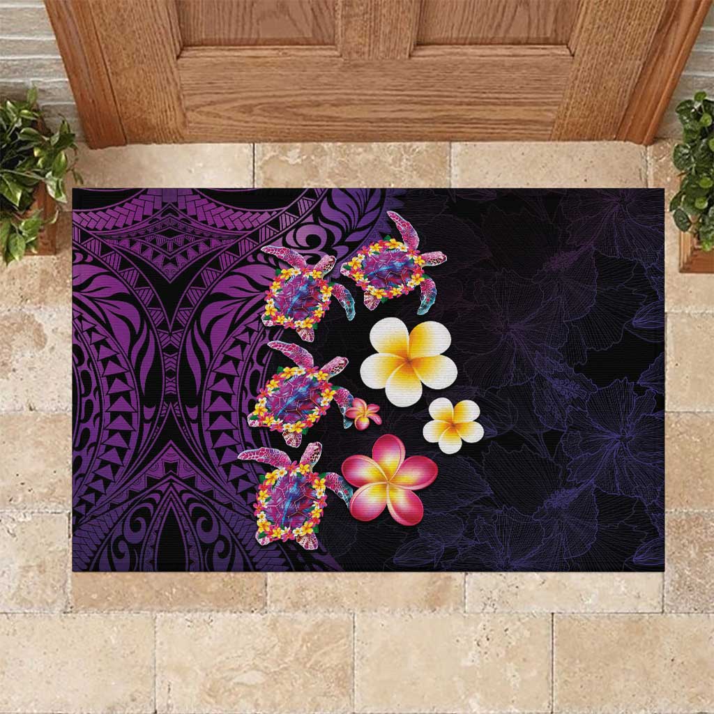 Hawaiian Turtles and Plumeria Rubber Doormat Polynesian Art Tribal Tattoo Deep Violet Color LT03 Purple - Polynesian Pride