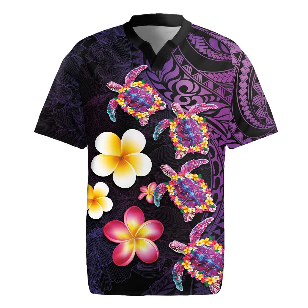 Hawaiian Turtles and Plumeria Rugby Jersey Polynesian Art Tribal Tattoo Deep Violet Color LT03 Purple - Polynesian Pride