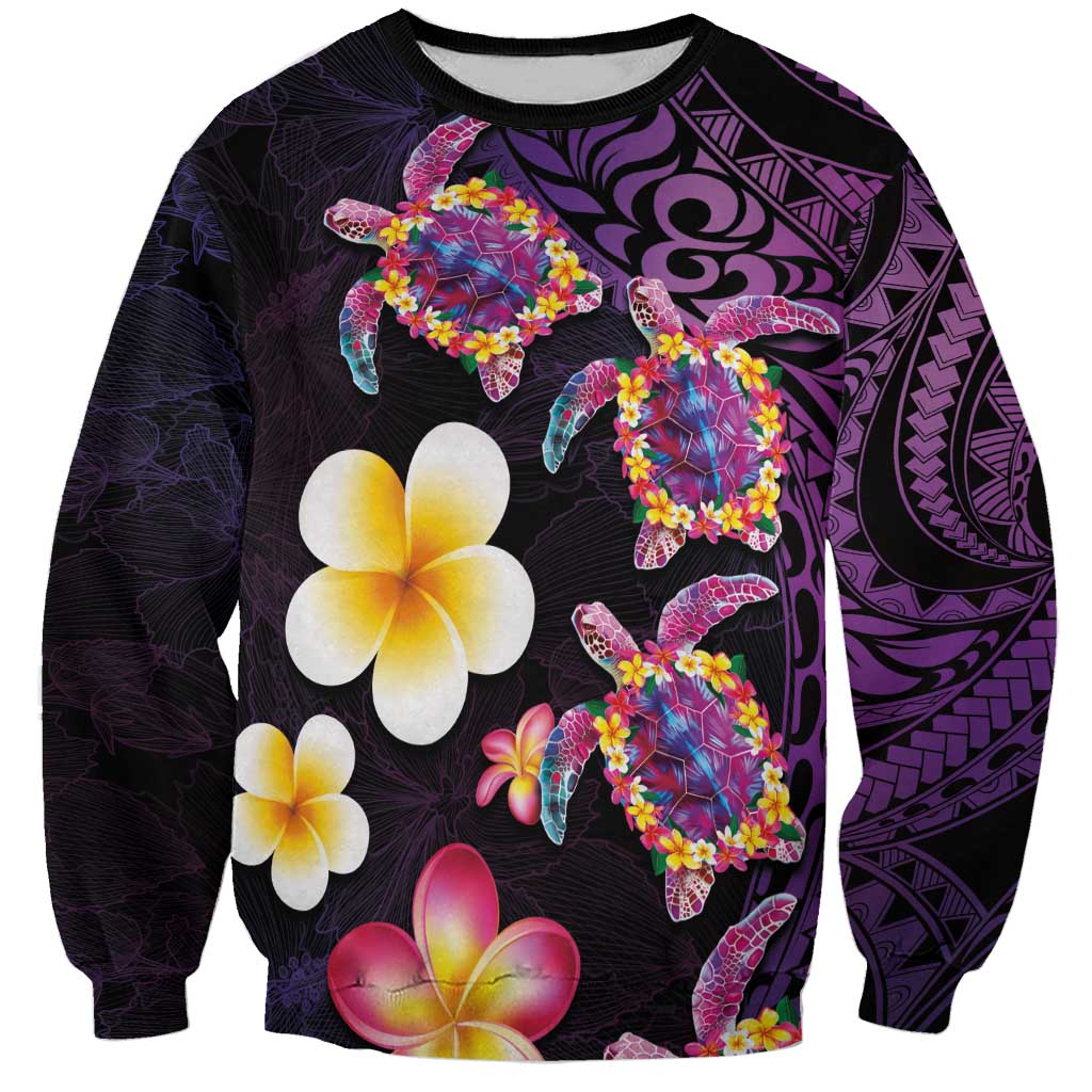 Hawaiian Turtles and Plumeria Sweatshirt Polynesian Art Tribal Tattoo Deep Violet Color LT03 Unisex Purple - Polynesian Pride