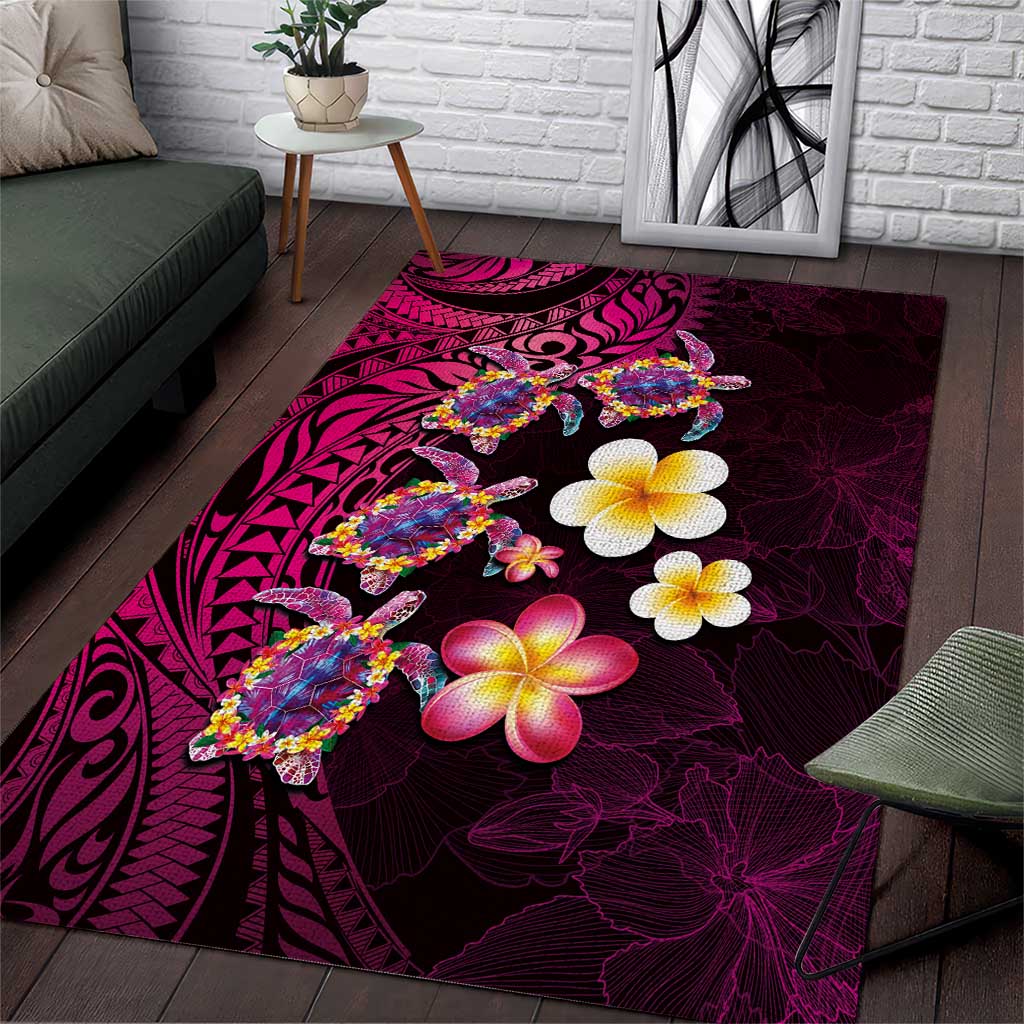 Hawaiian Turtles and Plumeria Area Rug Polynesian Art Tribal Tattoo Cerise LT03 Pink - Polynesian Pride