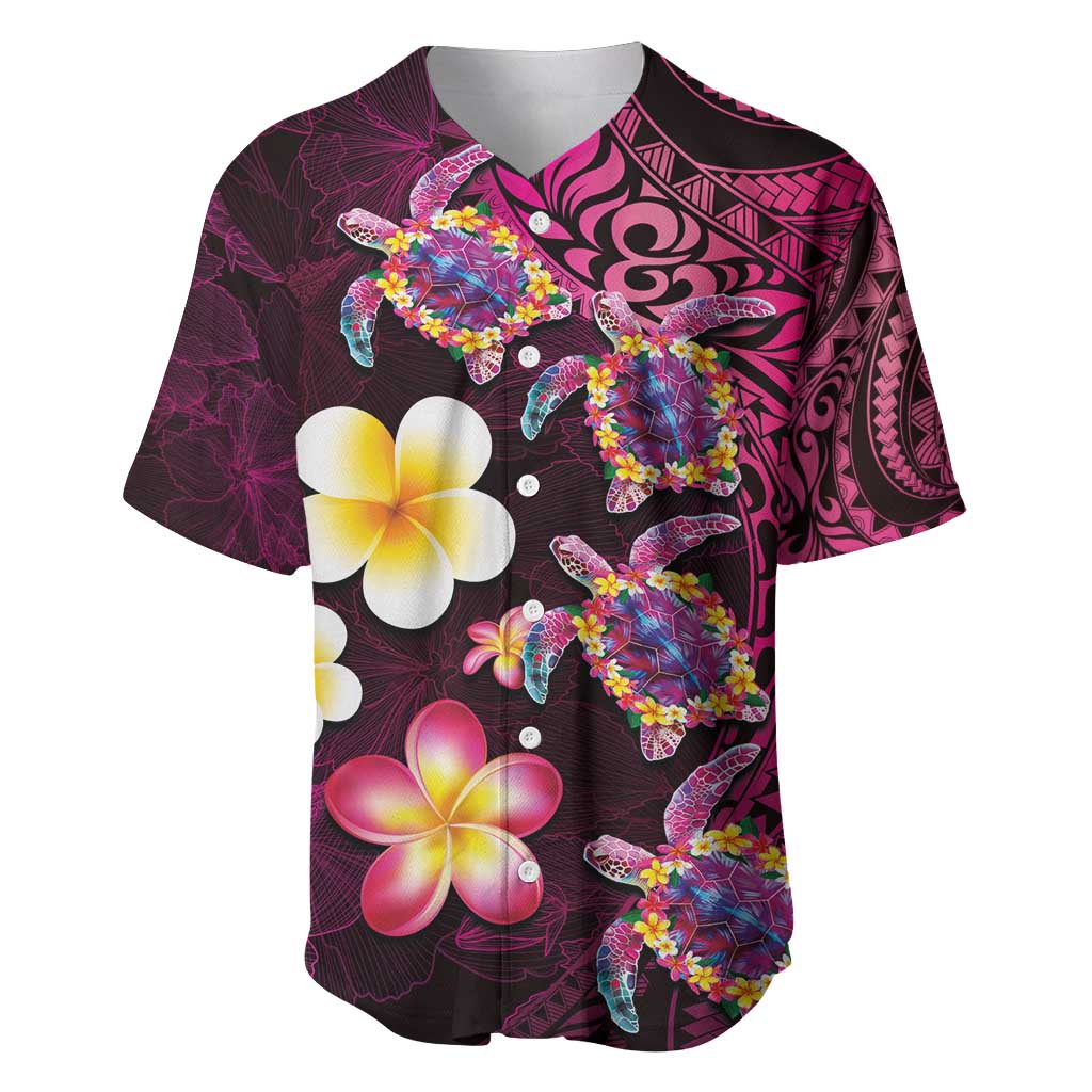 Hawaiian Turtles and Plumeria Baseball Jersey Polynesian Art Tribal Tattoo Cerise